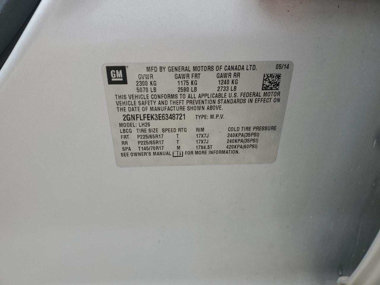 2014 Chevrolet Equinox Lt VIN: 2GNFLFEK3E6348721 Lot: 71089435