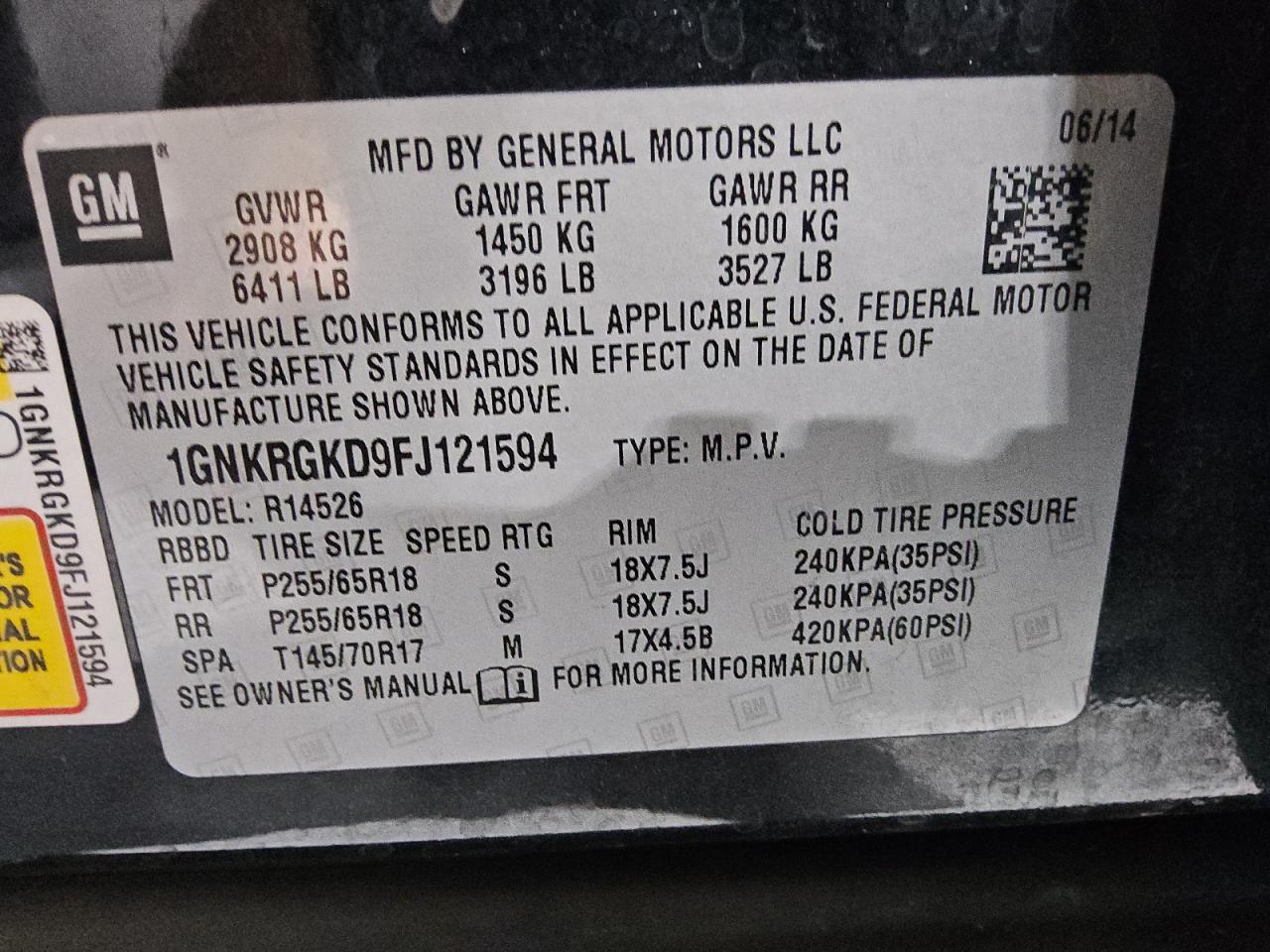 2015 Chevrolet Traverse Lt VIN: 1GNKRGKD9FJ121594 Lot: 81701185