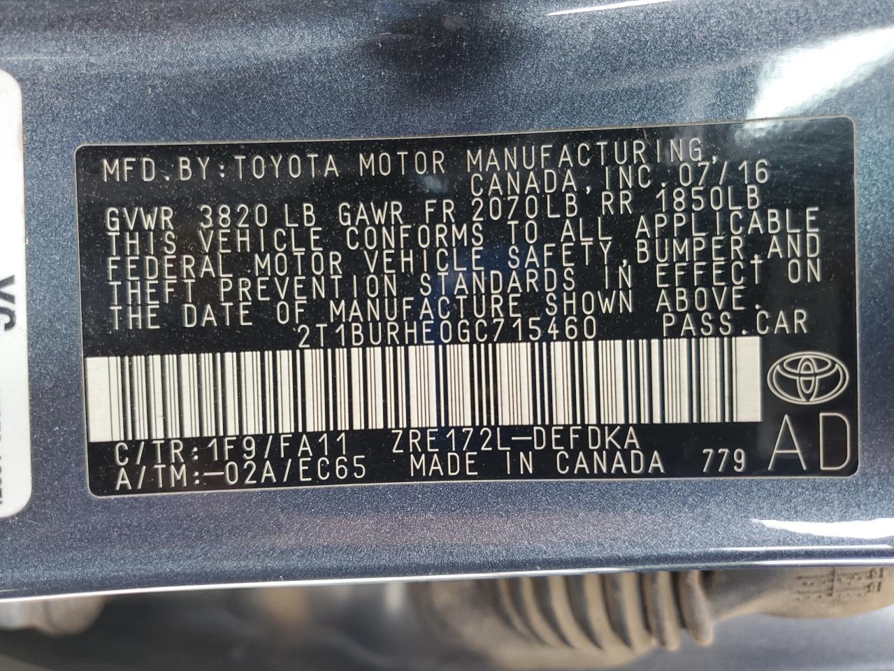 2016 Toyota Corolla L VIN: 2T1BURHE0GC715460 Lot: 84379335