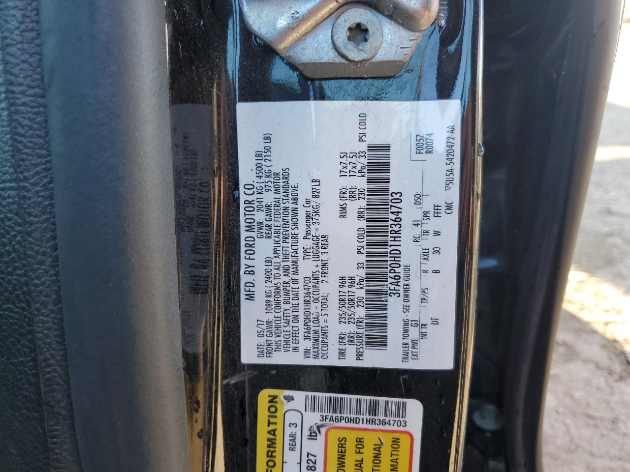 2017 Ford Fusion Se VIN: 3FA6P0HD1HR364703 Lot: 70958245