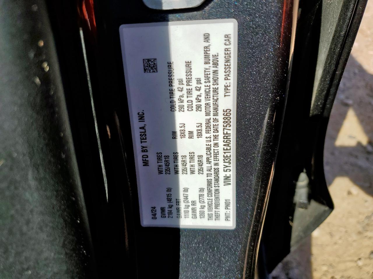 2024 Tesla Model 3 VIN: 5YJ3E1EA6RF758865 Lot: 70642725