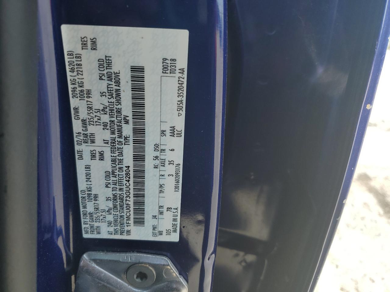 2016 Ford Escape S VIN: 1FMCU0F73GUC42804 Lot: 81974265