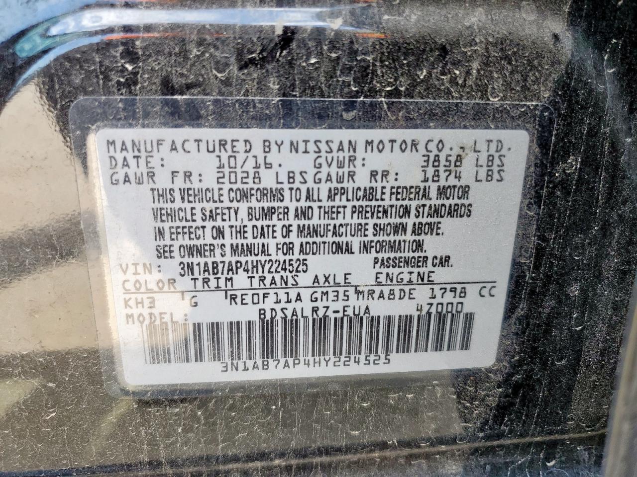 2017 Nissan Sentra S VIN: 3N1AB7AP4HY224525 Lot: 71418035