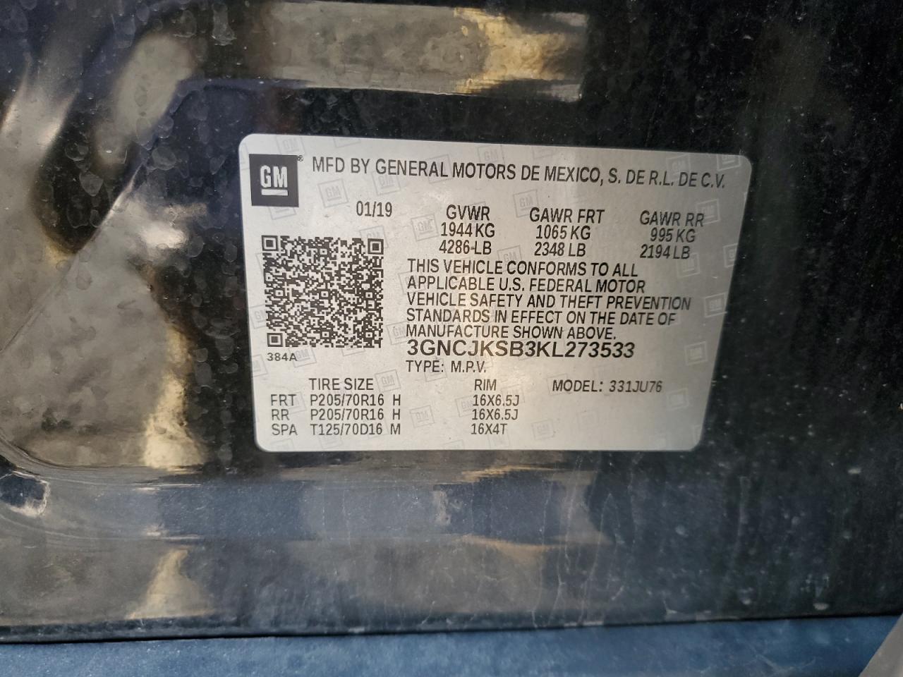 2019 Chevrolet Trax Ls VIN: 3GNCJKSB3KL273533 Lot: 83808495