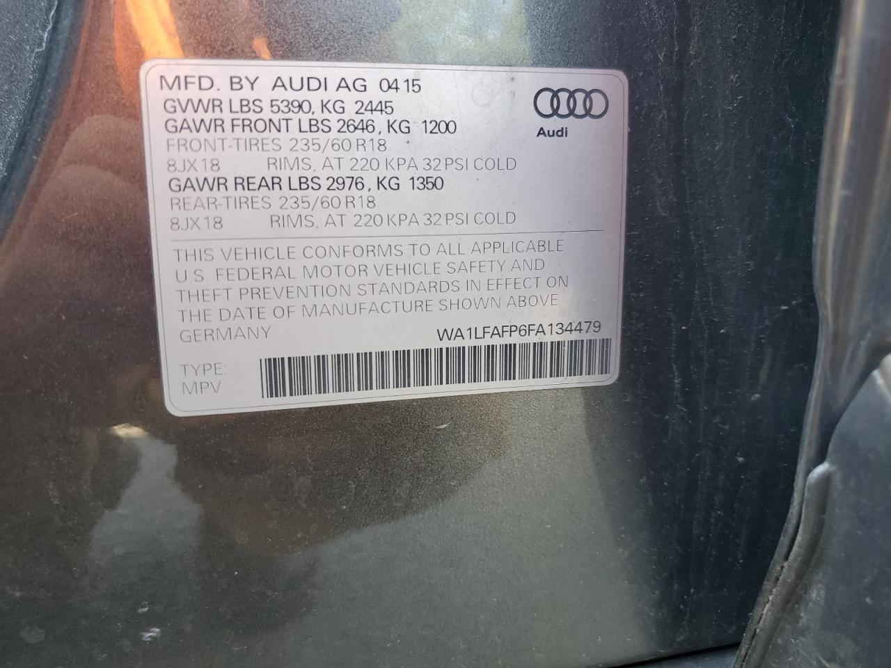 2015 Audi Q5 Premium Plus VIN: WA1LFAFP6FA134479 Lot: 72081655