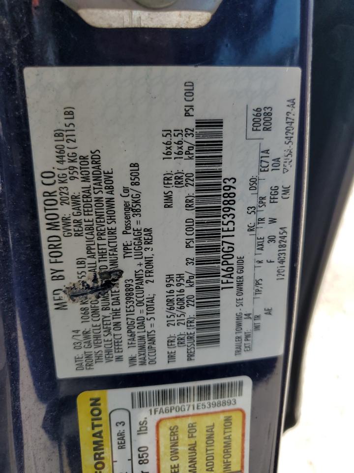 2014 Ford Fusion S VIN: 1FA6P0G71E5398893 Lot: 71392605