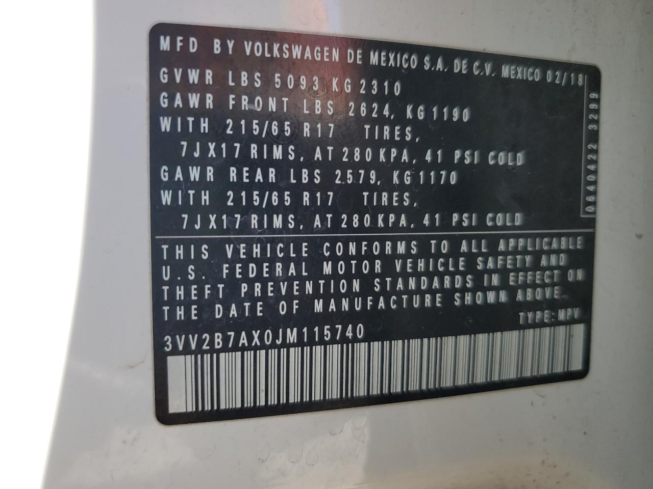 2018 Volkswagen Tiguan Se VIN: 3VV2B7AX0JM115740 Lot: 71916795