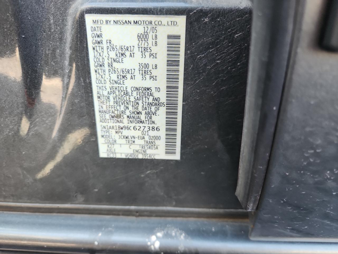 2006 Nissan Pathfinder Le VIN: 5N1AR18W96C627386 Lot: 81024655