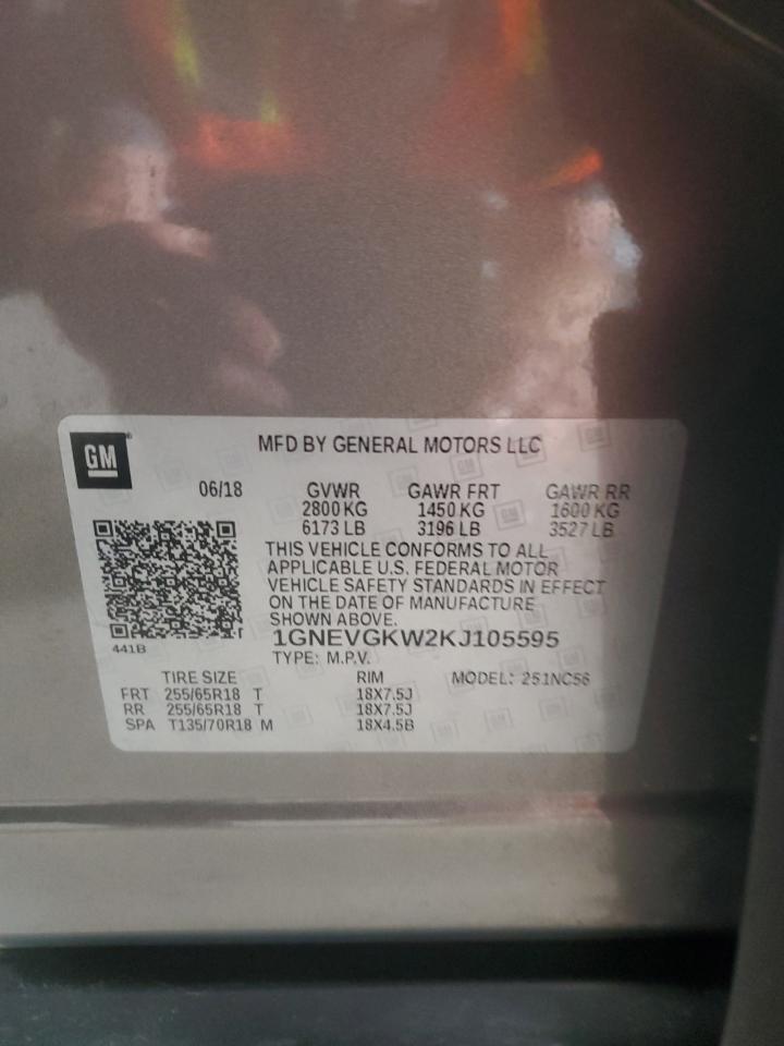 2019 Chevrolet Traverse Lt VIN: 1GNEVGKW2KJ105595 Lot: 81499295