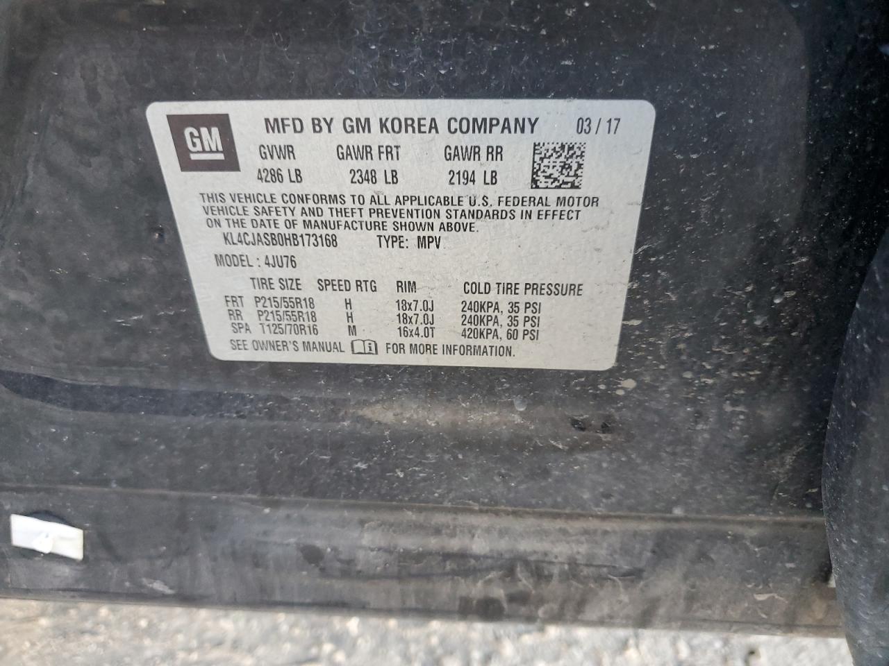 2017 Buick Encore Preferred VIN: KL4CJASB0HB173168 Lot: 84560085