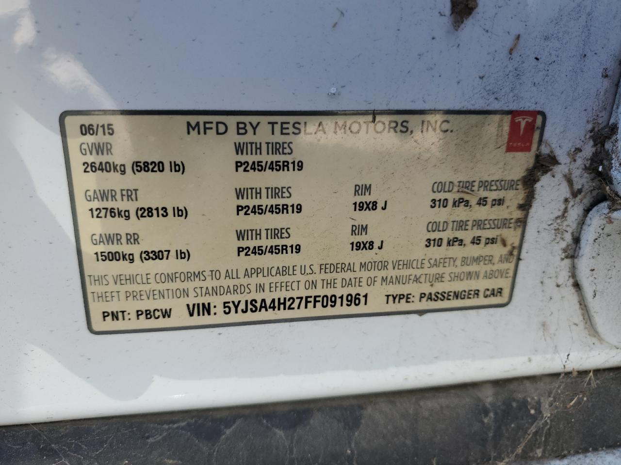 2015 Tesla Model S 85D VIN: 5YJSA4H27FF091961 Lot: 84173055