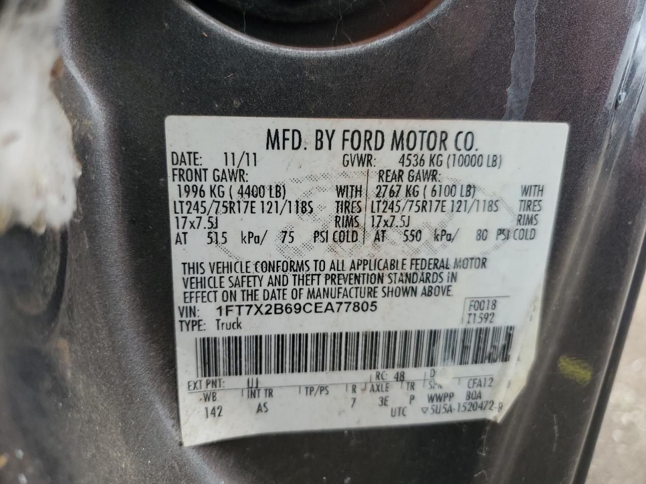 2012 Ford F250 Super Duty VIN: 1FT7X2B69CEA77805 Lot: 70662245