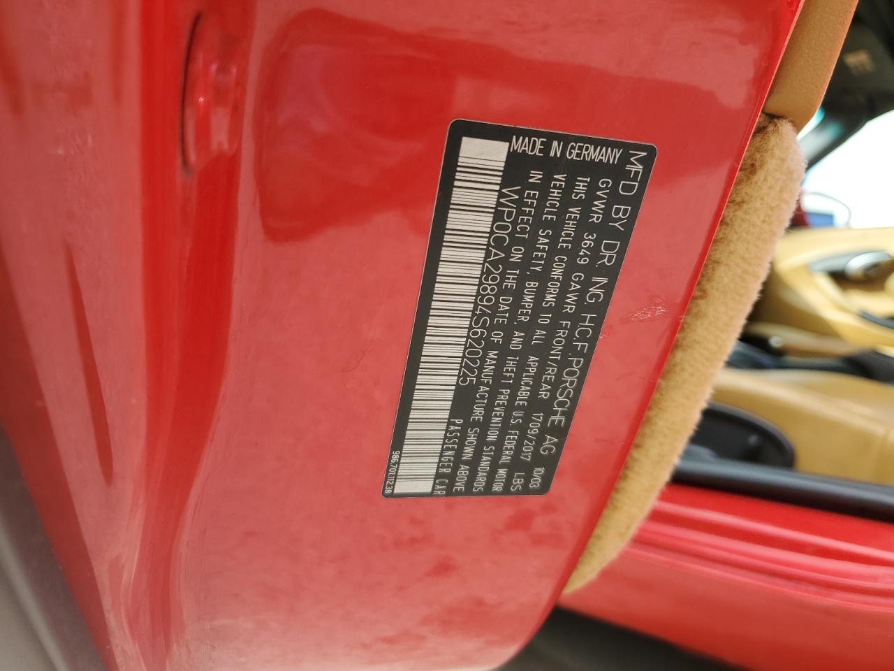 2004 Porsche Boxster VIN: WP0CA29894S620225 Lot: 70680165