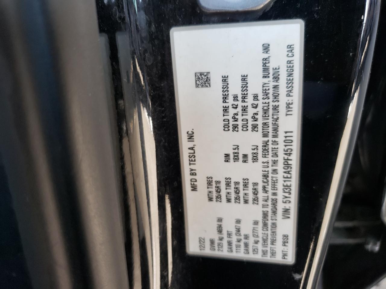2023 Tesla Model 3 VIN: 5YJ3E1EA9PF451011 Lot: 81215165