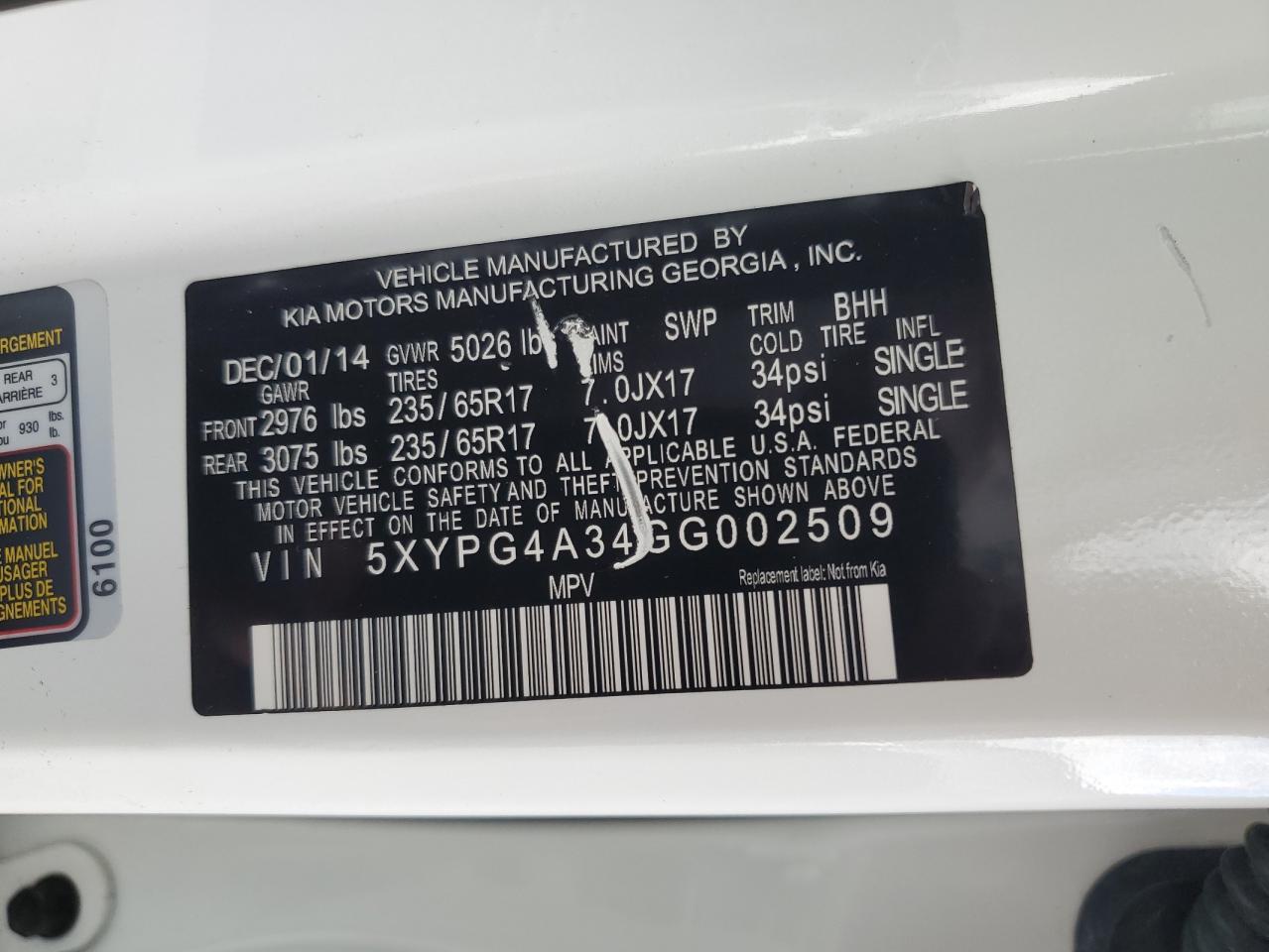 2016 Kia Sorento Lx VIN: 5XYPG4A34GG002509 Lot: 81296375