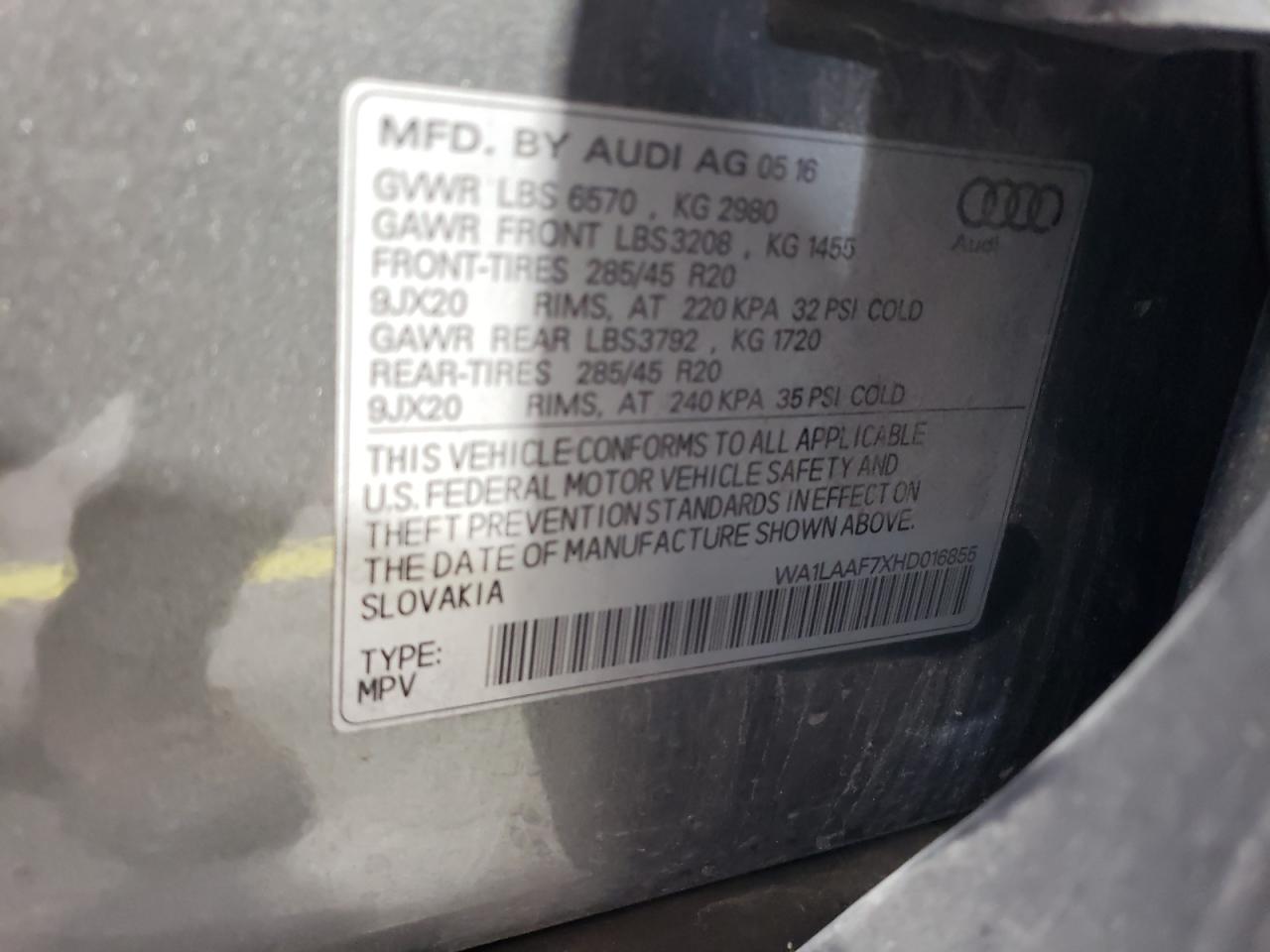 2017 Audi Q7 Premium Plus VIN: WA1LAAF7XHD016855 Lot: 71273705