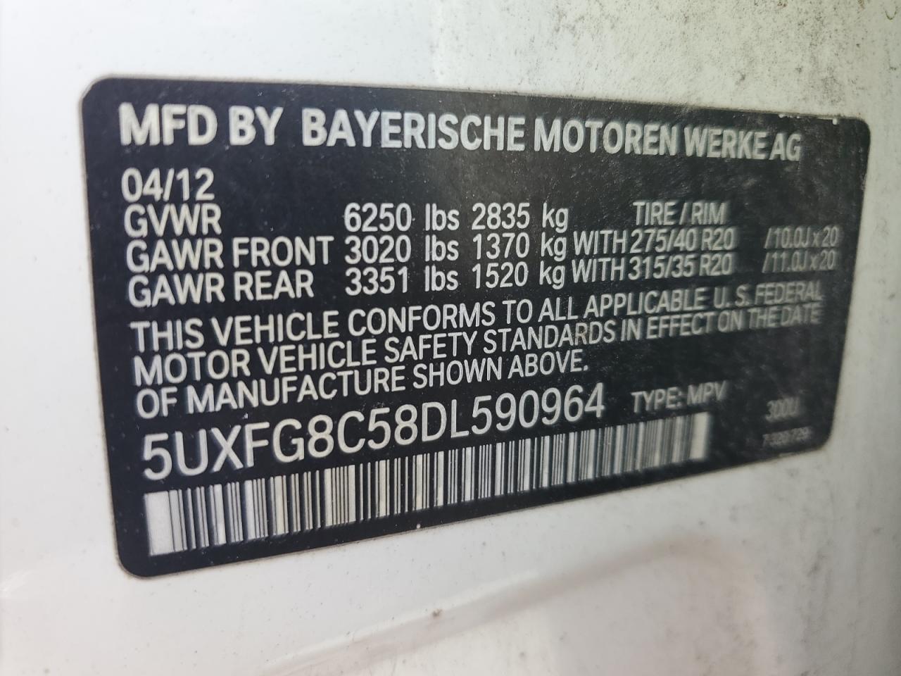 2013 BMW X6 xDrive50I VIN: 5UXFG8C58DL590964 Lot: 84214615