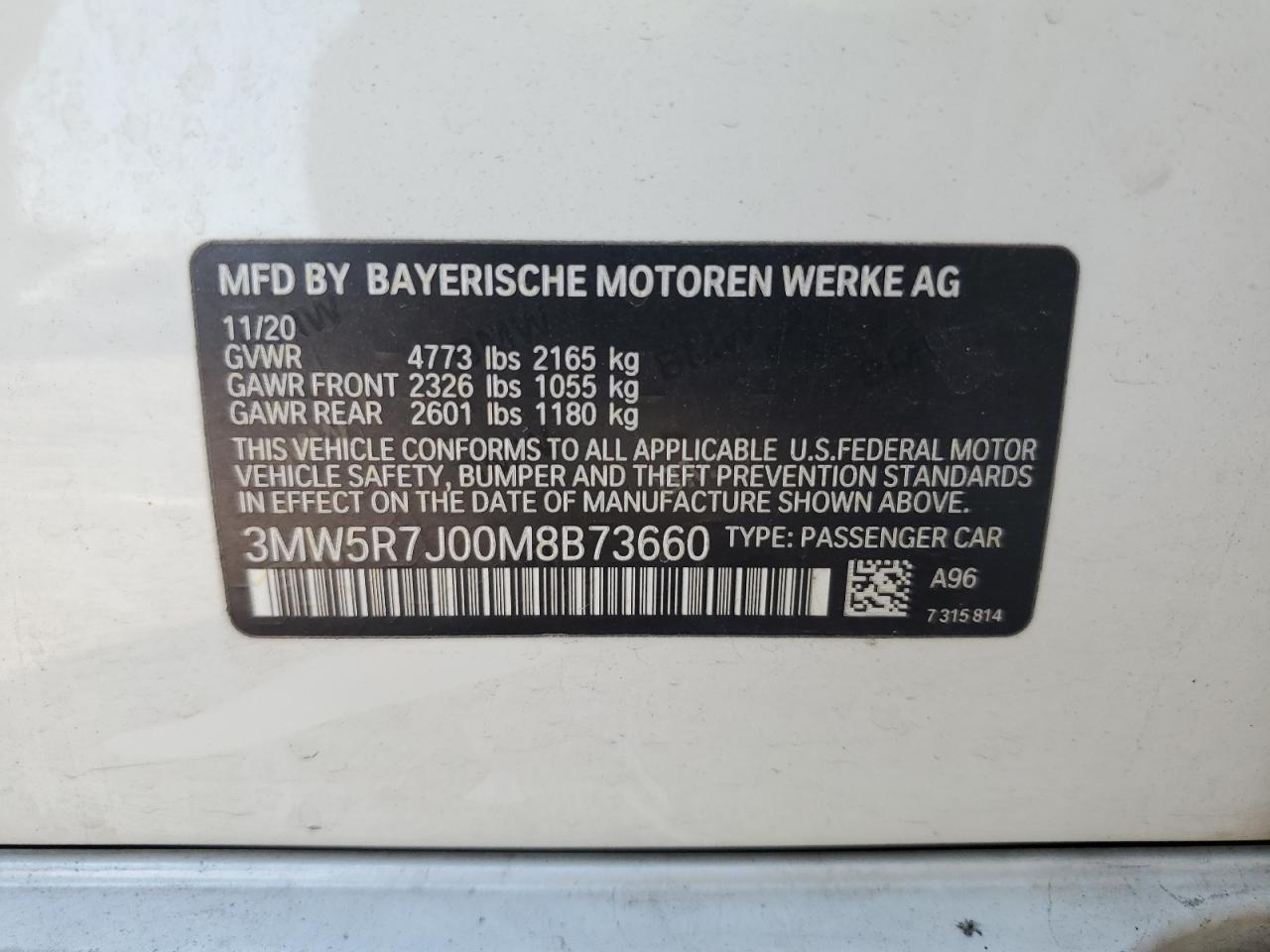 2021 BMW 330Xi VIN: 3MW5R7J00M8B73660 Lot: 83783025