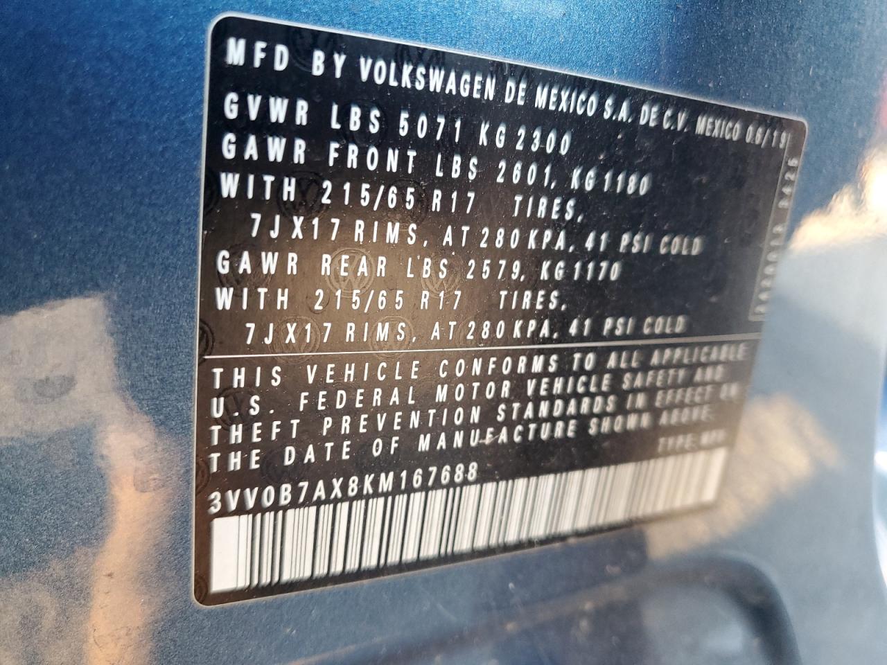 2019 Volkswagen Tiguan S VIN: 3VV0B7AX8KM167688 Lot: 81750125