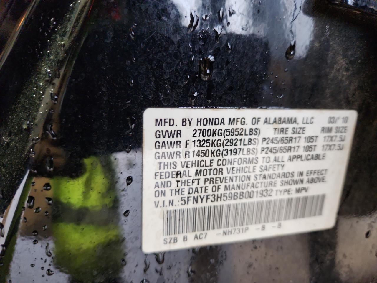 2011 Honda Pilot Exl VIN: 5FNYF3H59BB001932 Lot: 71864605