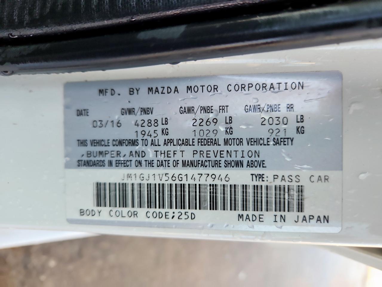 2016 Mazda 6 Touring VIN: JM1GJ1V56G1477946 Lot: 71969755