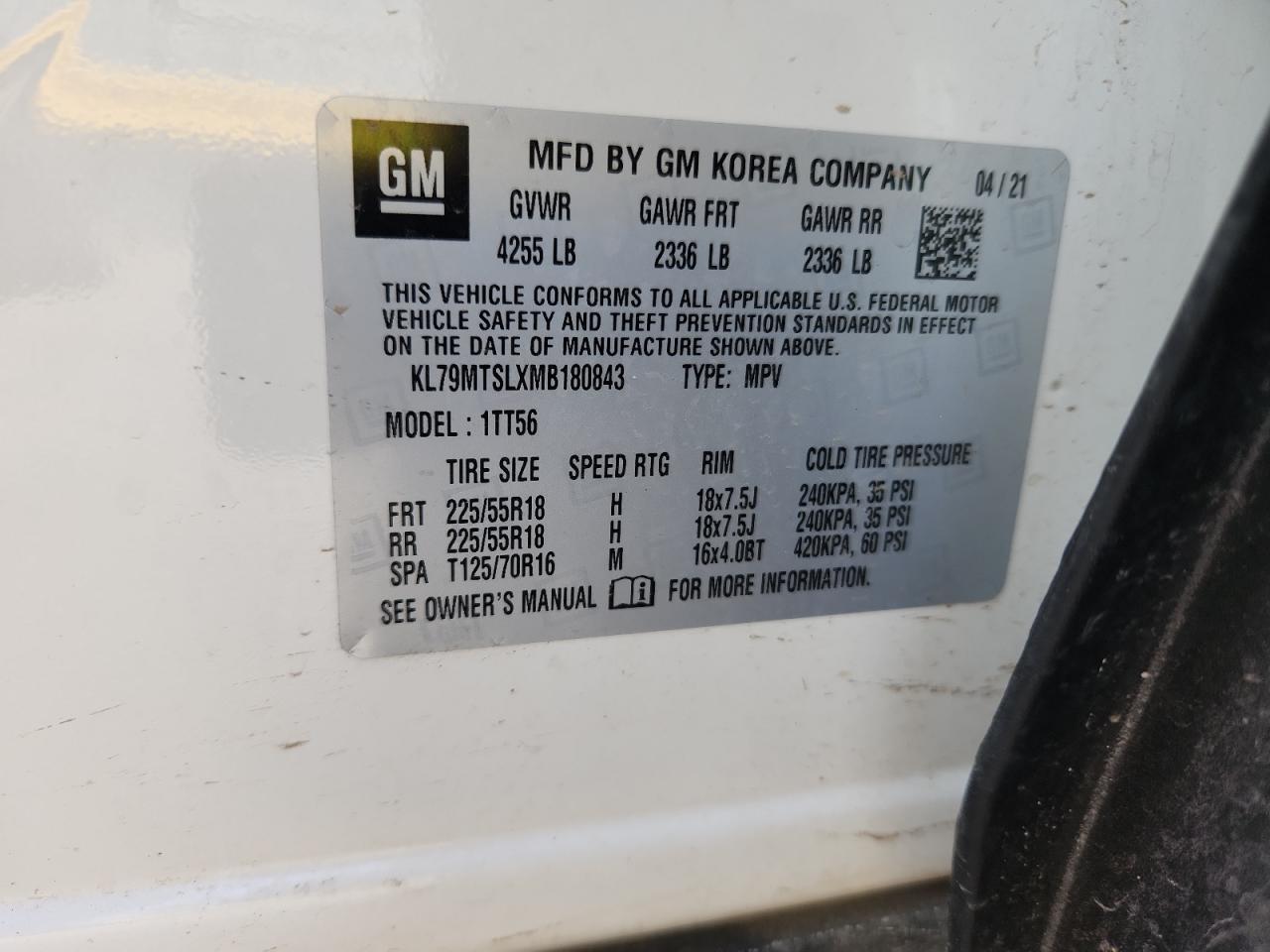 2021 Chevrolet Trailblazr VIN: KL79MTSLXMB180843 Lot: 80158265