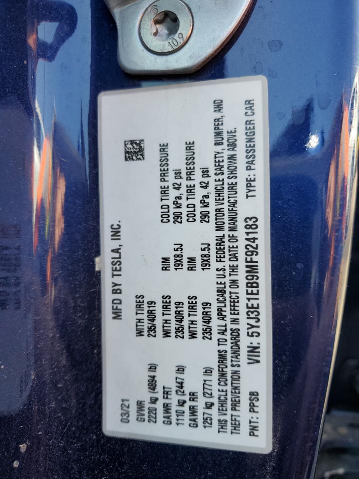 2021 Tesla Model 3 VIN: 5YJ3E1EB9MF924183 Lot: 71287175