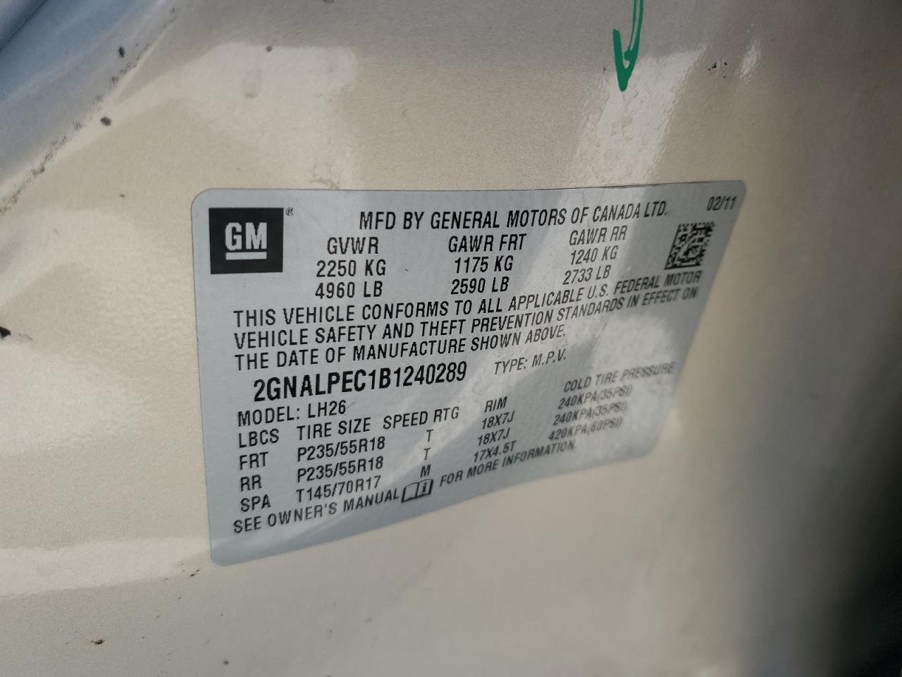 2011 Chevrolet Equinox Lt VIN: 2GNALPEC1B1240289 Lot: 80773835