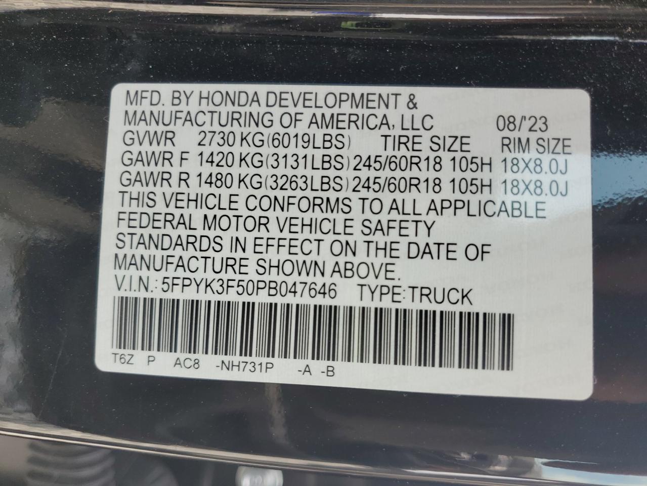 2023 Honda Ridgeline Rtl VIN: 5FPYK3F50PB047646 Lot: 81130175