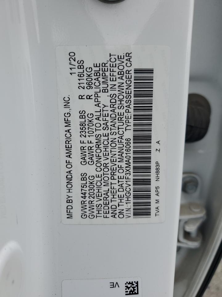 2021 Honda Accord Sport VIN: 1HGCV1F3XMA016066 Lot: 81836575