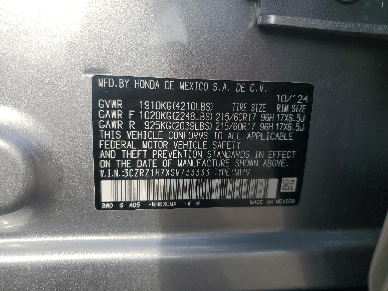 2025 Honda Hr-V Exl VIN: 3CZRZ1H7XSM733333 Lot: 81774545