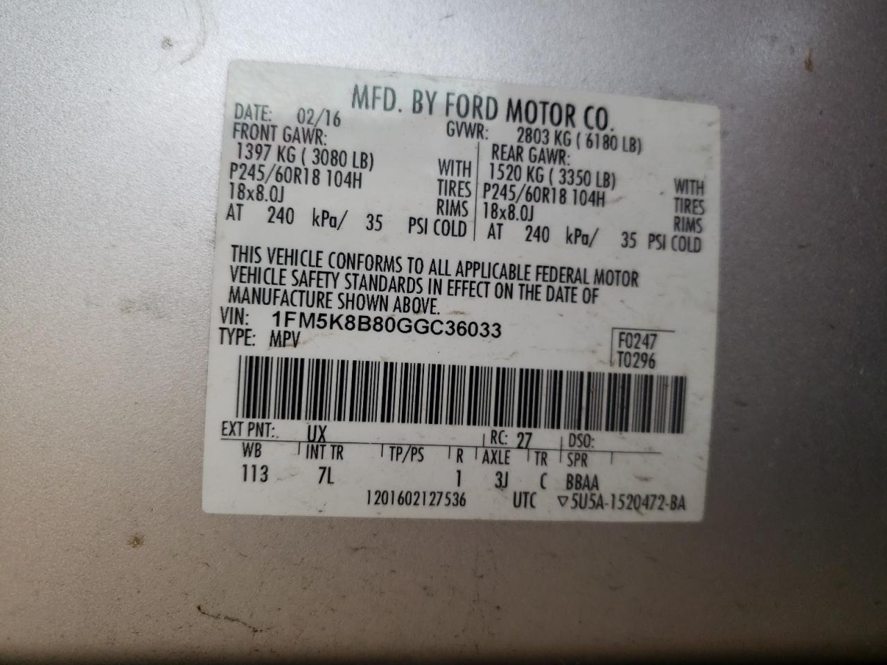 2016 Ford Explorer VIN: 1FM5K8B80GGC36033 Lot: 83844215