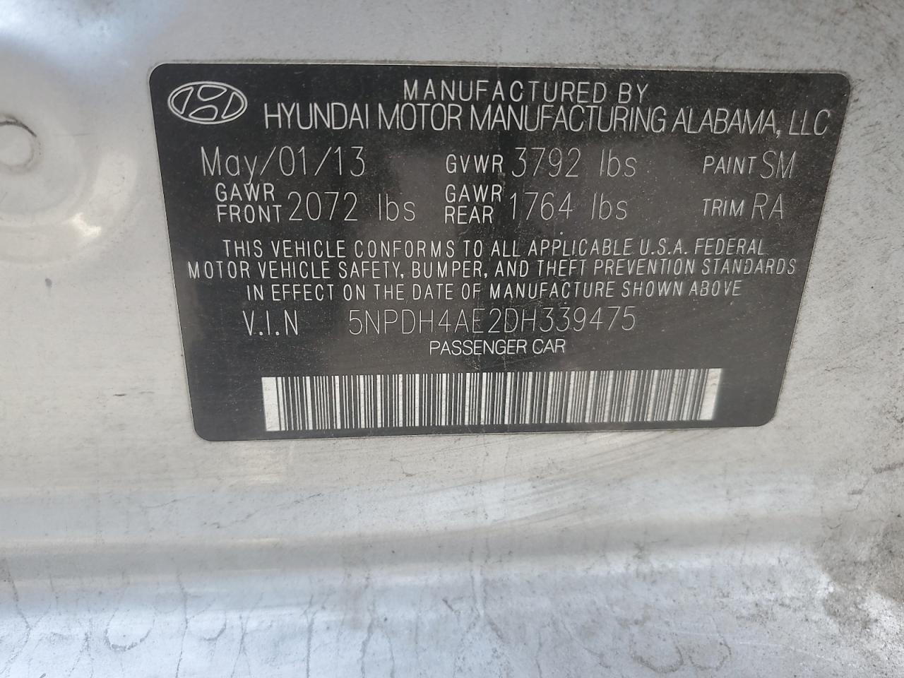 2013 Hyundai Elantra Gls VIN: 5NPDH4AE2DH339475 Lot: 83875225