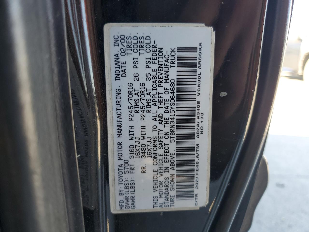 2000 Toyota Tundra Access Cab Sr5 VIN: 5TBRN3415YS064680 Lot: 81610985