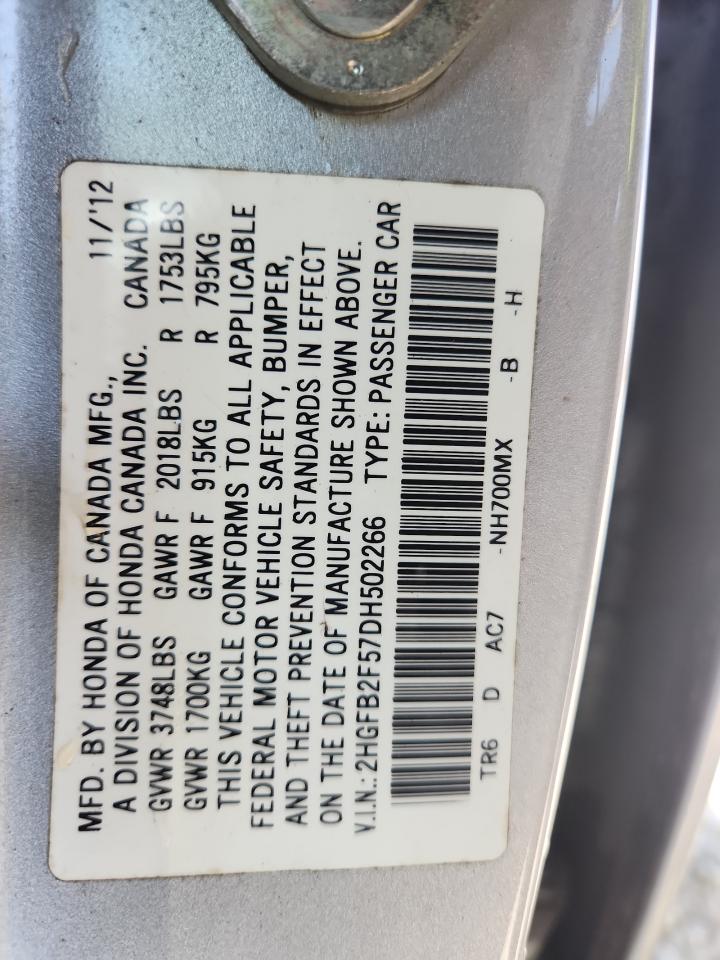 2013 Honda Civic Lx VIN: 2HGFB2F57DH502266 Lot: 80707045