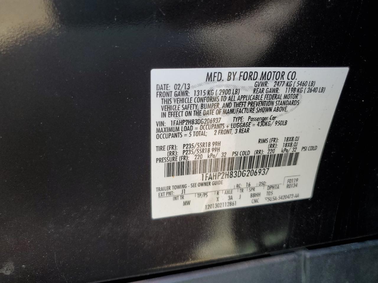 2013 Ford Taurus Sel VIN: 1FAHP2H83DG206937 Lot: 80349645