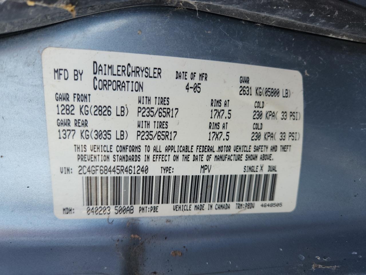 2005 Chrysler Pacifica Touring VIN: 2C4GF68445R461240 Lot: 80314045