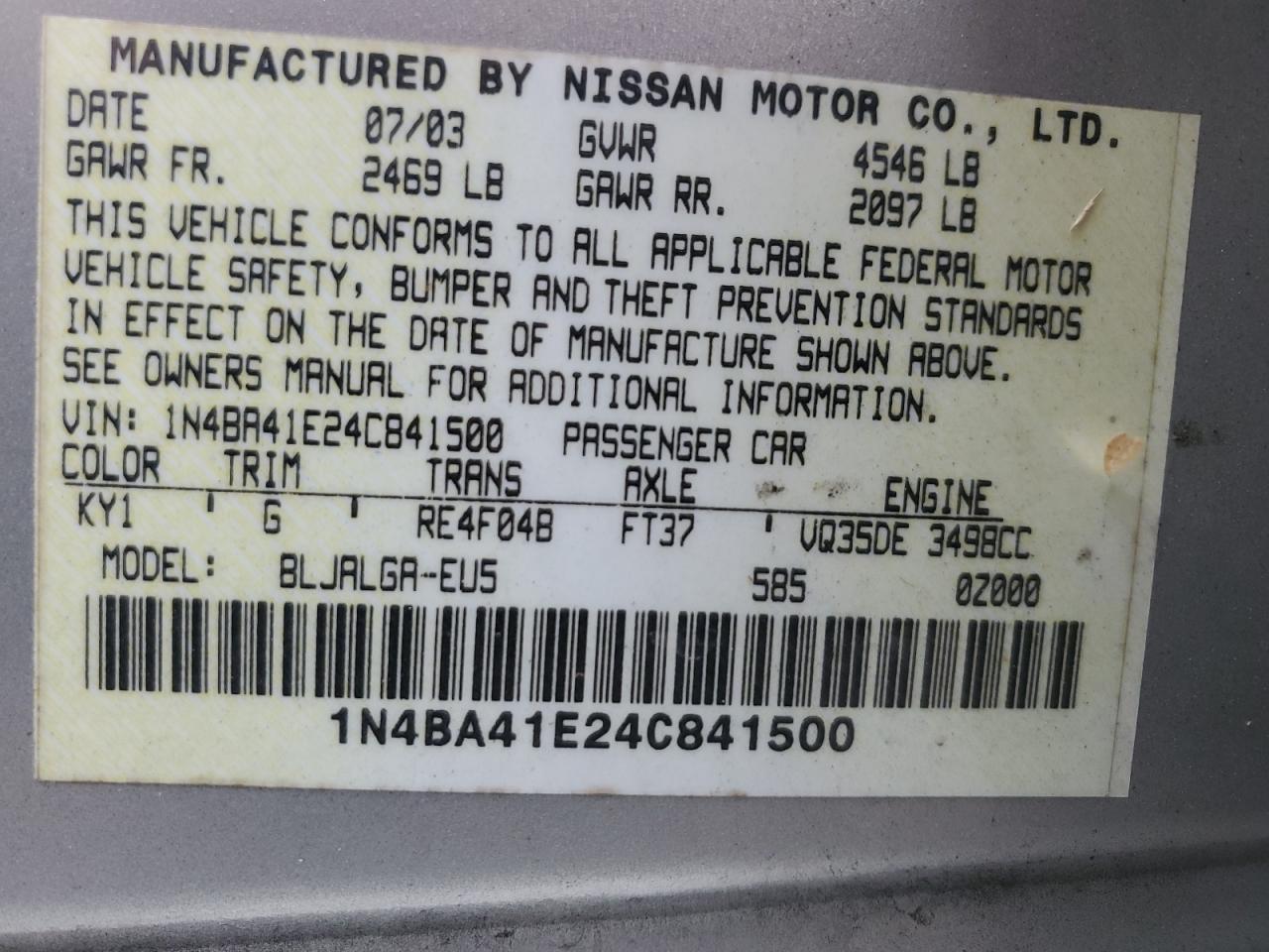 2004 Nissan Maxima Se VIN: 1N4BA41E24C841500 Lot: 84443265