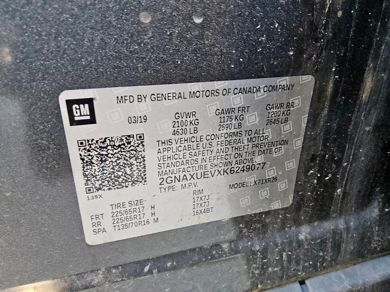 2019 Chevrolet Equinox Lt VIN: 2GNAXUEVXK6249077 Lot: 70754135