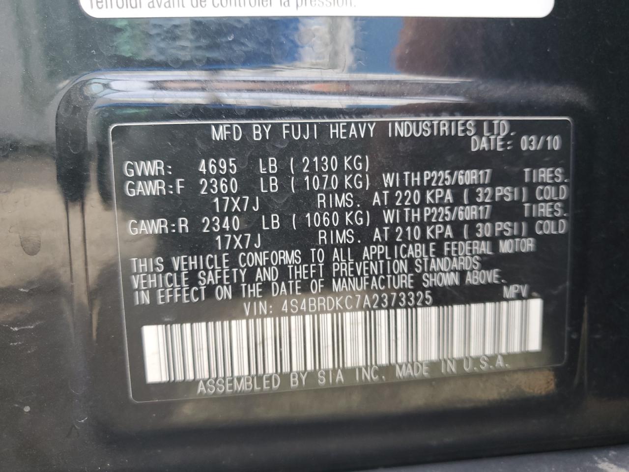 2010 Subaru Outback 3.6R Limited VIN: 4S4BRDKC7A2373325 Lot: 71998495