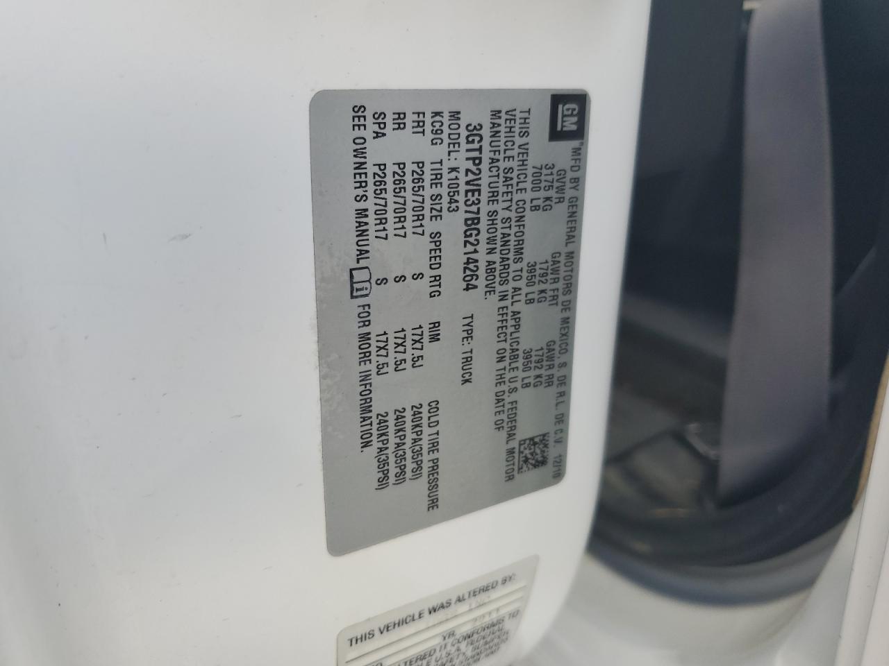 2011 GMC Sierra K1500 Sle VIN: 3GTP2VE37BG214264 Lot: 81707965