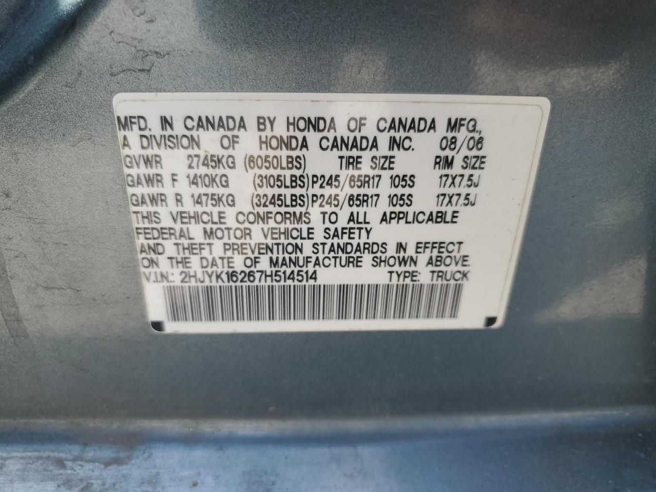 2007 Honda Ridgeline Rt VIN: 2HJYK16267H514514 Lot: 81394805