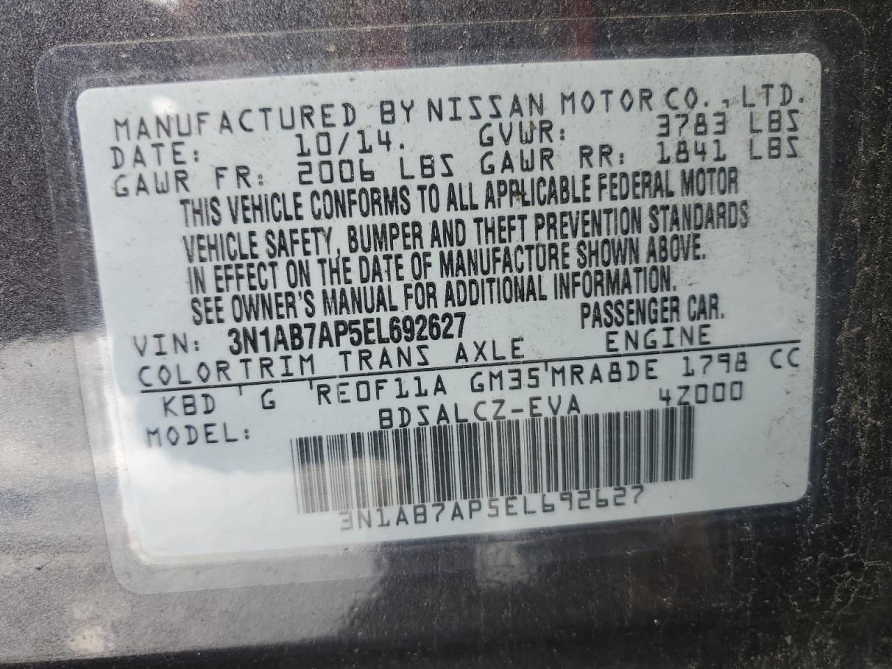 2014 Nissan Sentra S VIN: 3N1AB7AP5EL692627 Lot: 71466515