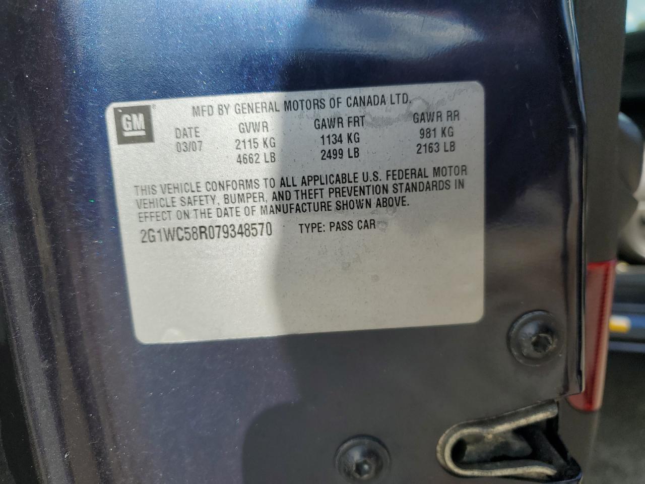 2007 Chevrolet Impala Lt VIN: 2G1WC58R079348570 Lot: 81850515