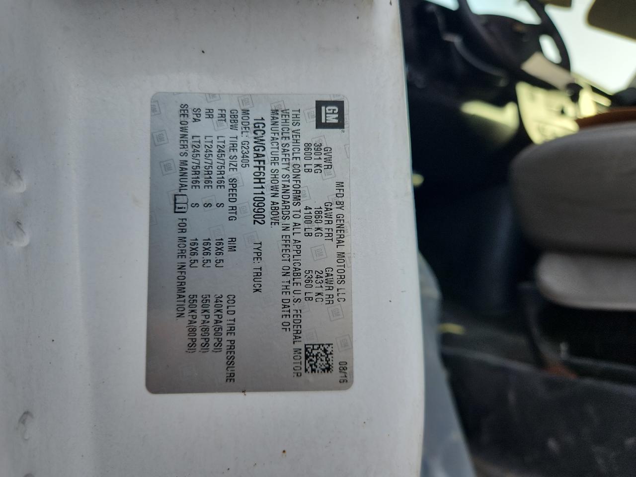 2017 Chevrolet Express G2500 VIN: 1GCWGAFF6H1109902 Lot: 80749445