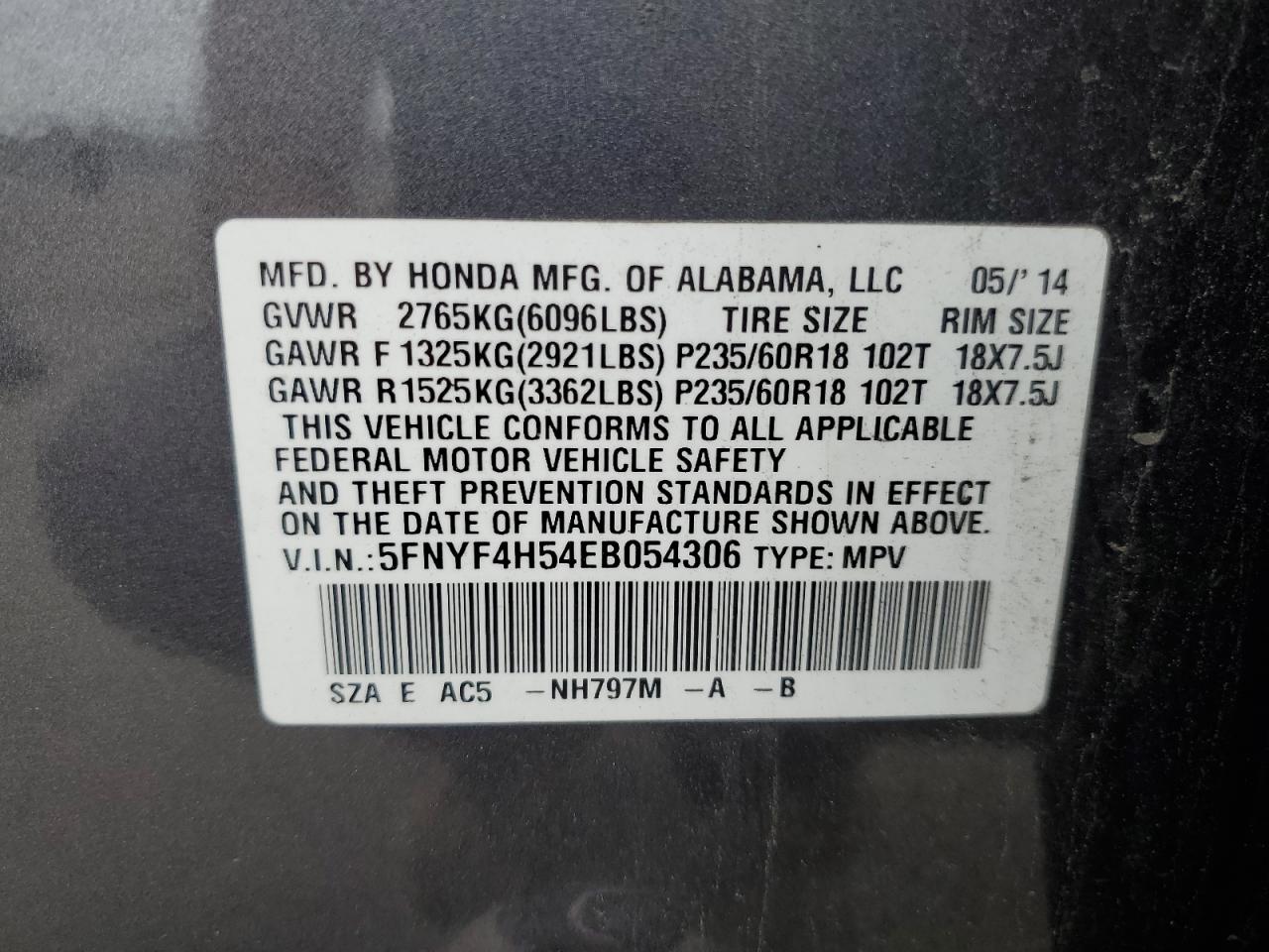 2014 Honda Pilot Exl VIN: 5FNYF4H54EB054306 Lot: 71091545