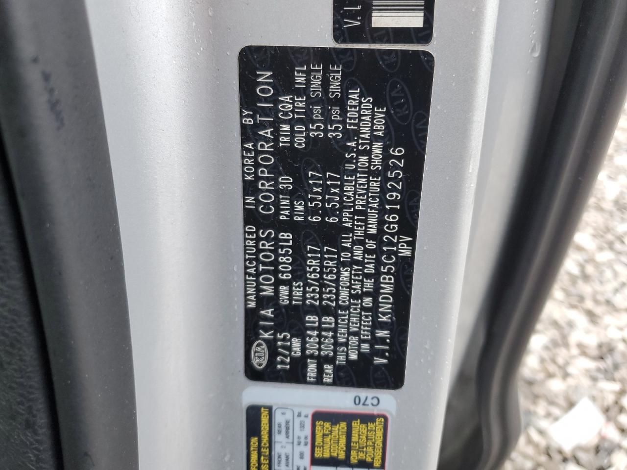 2016 Kia Sedona Lx VIN: KNDMB5C12G6192526 Lot: 83847915