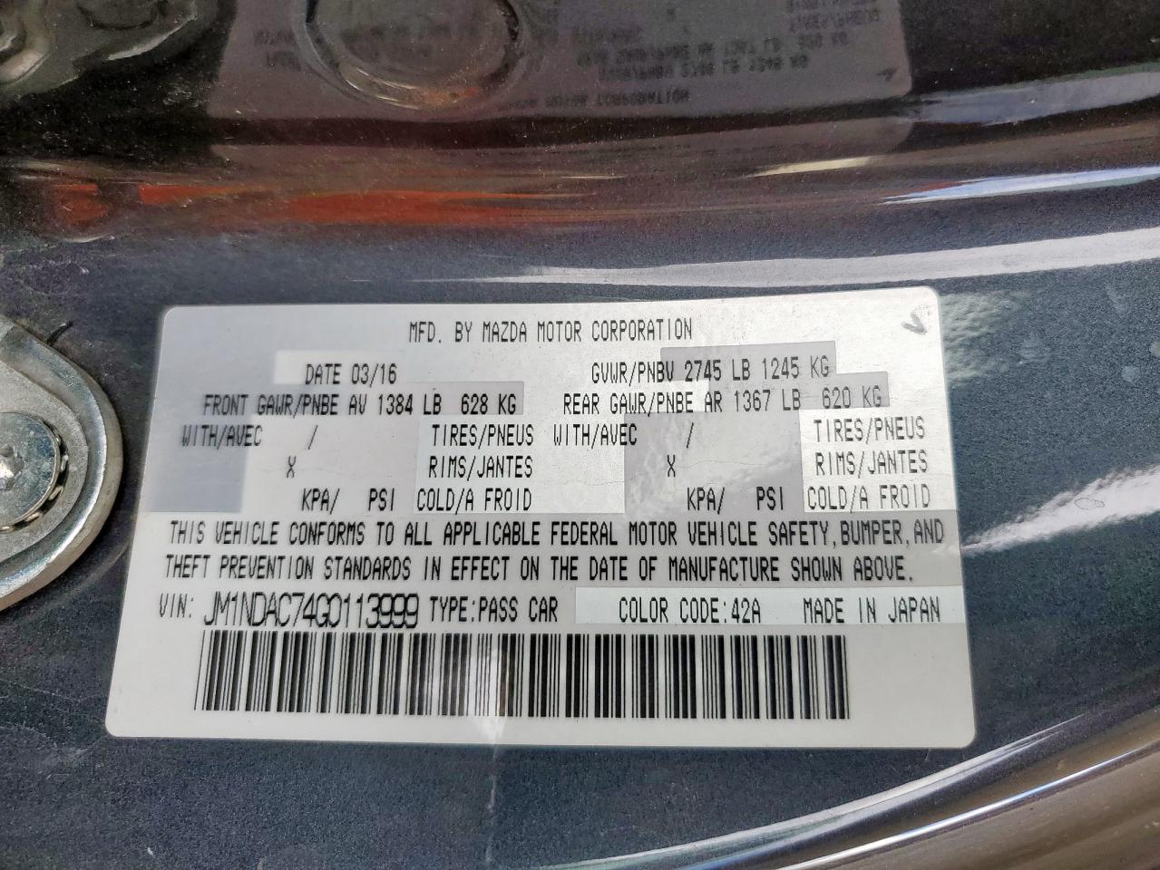 2016 Mazda Mx-5 Miata Club VIN: JM1NDAC74G0113999 Lot: 71912055
