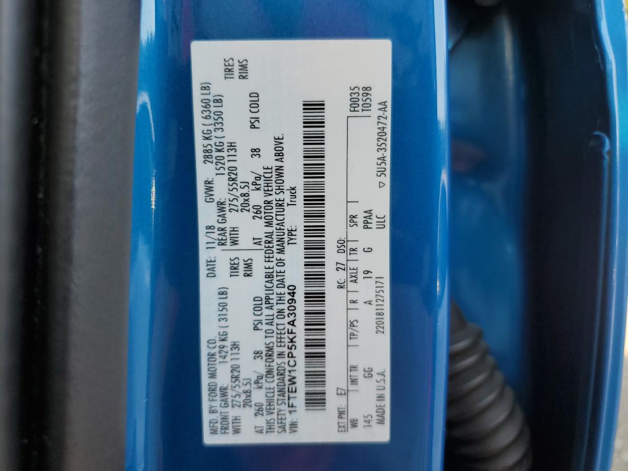 2019 Ford F150 Supercrew VIN: 1FTEW1CP5KFA30940 Lot: 71822775