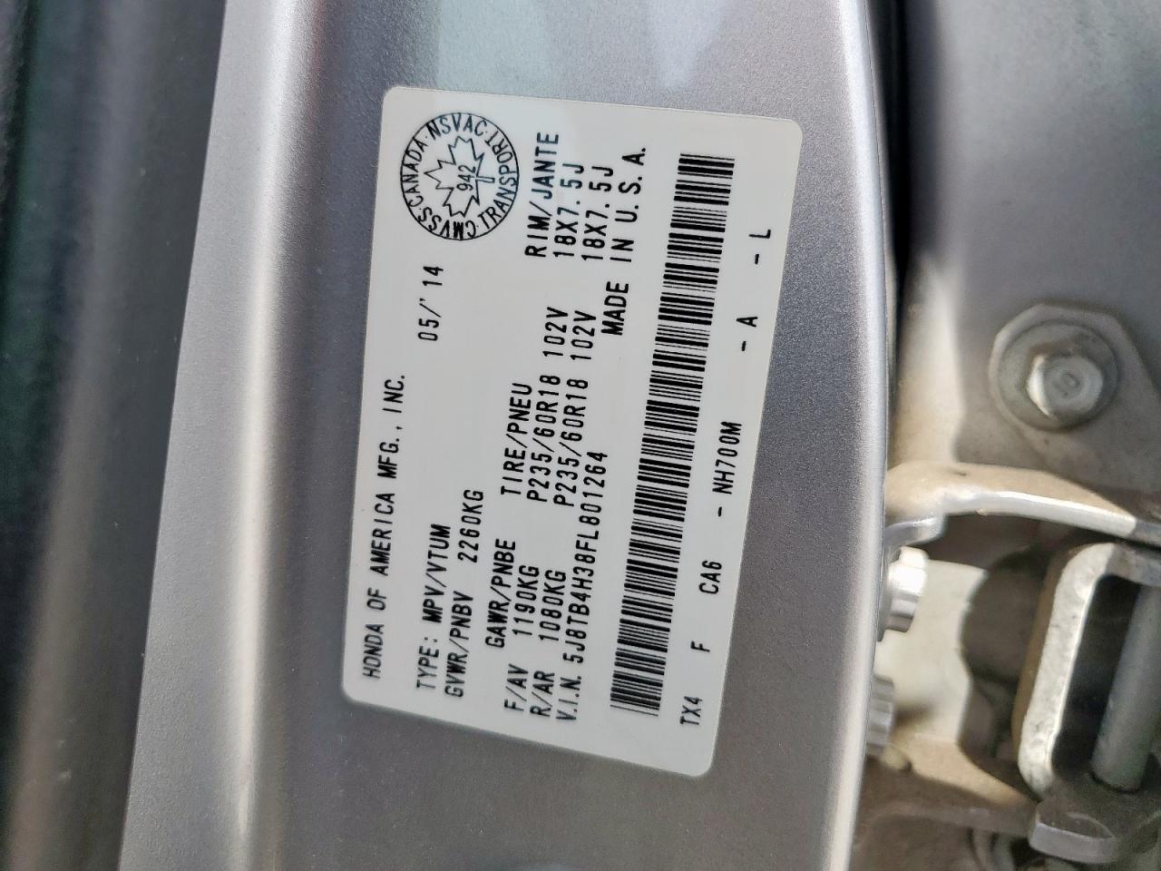 2015 Acura Rdx VIN: 5J8TB4H38FL801264 Lot: 84184565